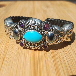 Carolyn Pollack Sterling Multi Gemstone Turquoise Braided Leather Hinge Bracelet